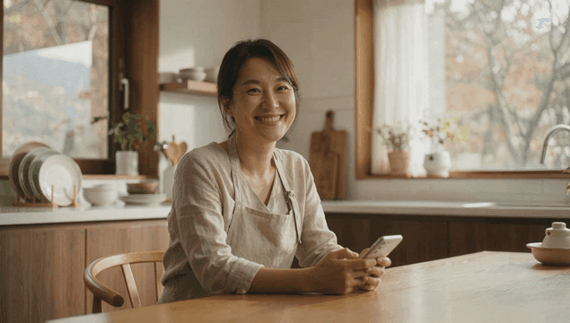 스마트폰을 사용하는 미소 짓는 여성