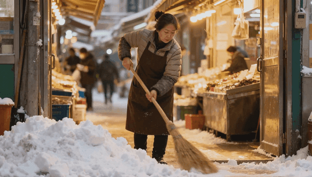 Female merchant sweeping snow in market alley