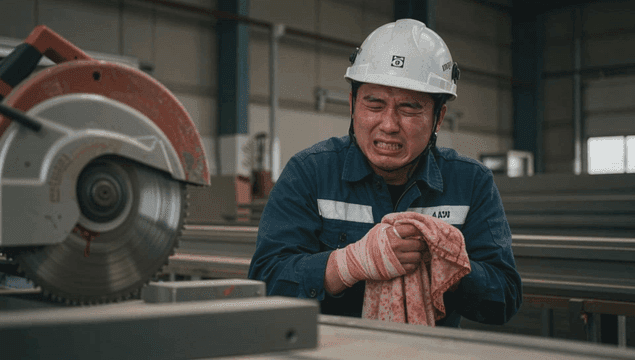 기계가 있는 공장에서 부상당한 작업자