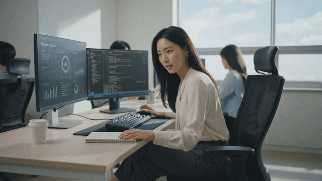 Office workers analyzing AI data