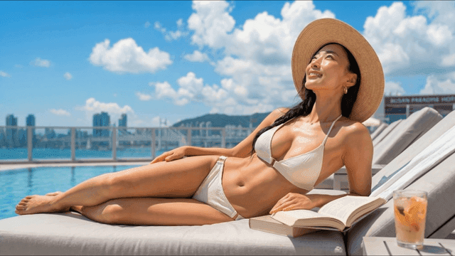 Woman lying down and relaxing by swimming pool on sunny day