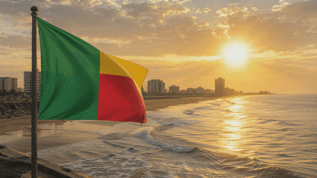 Benin flag fluttering on seashore at sunset