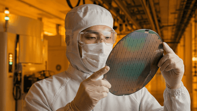 Technician inspecting a semiconductor wafer