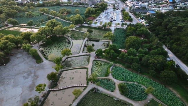 푸른 공원이 있는 경치 좋은 마을의 항공 뷰
