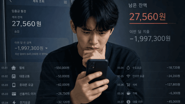 지출이 있는 은행 어플을 확인하고 인상을 찌푸리는 남자