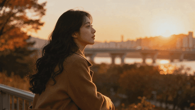 강가에서 노을을 바라보는 여성의 옆모습