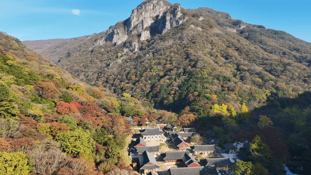 사찰이 있는 가을 산의 경치