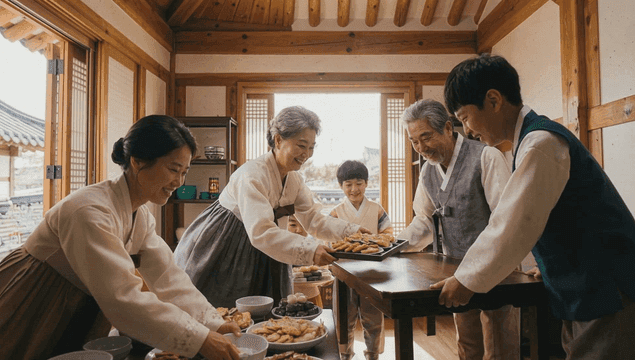 Families carrying holiday food in traditional Korean house