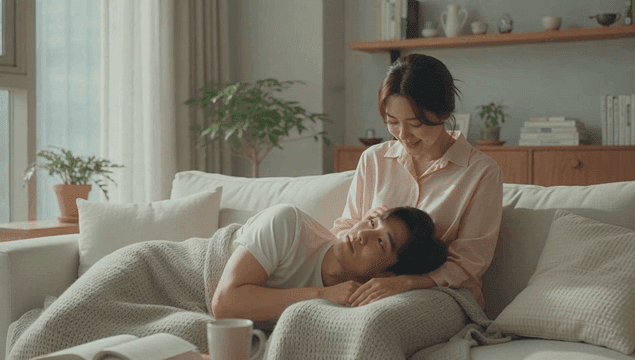 편안한 집 소파에서 무릎 베개를 하고 쉬고 있는 커플