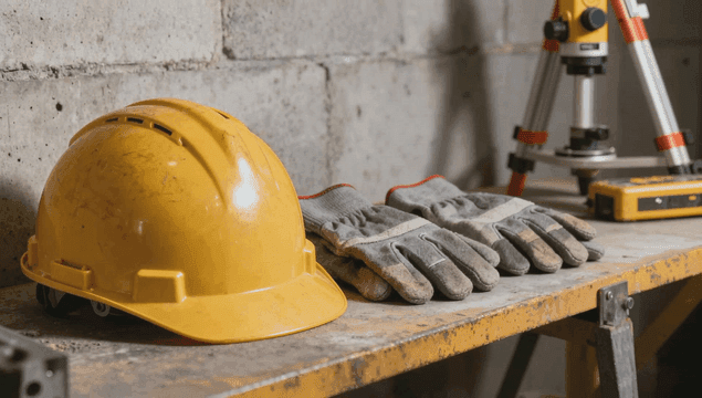 Yellow hard hat and gloves on a workbench