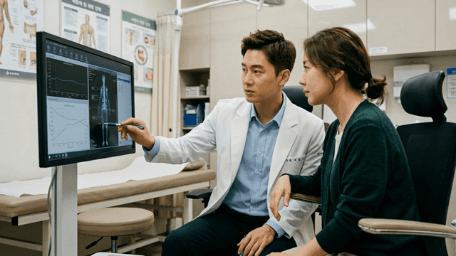 Doctor explaining to patient while pointing at monitor in examination room