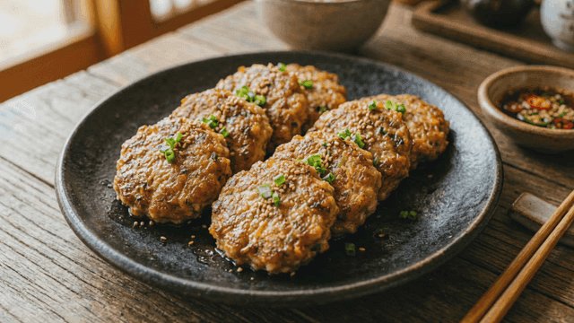 Meat pancake topped with sesame seeds