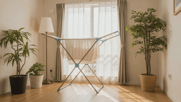 햇살 드는 거실에 수건들이 걸려있는 건조대