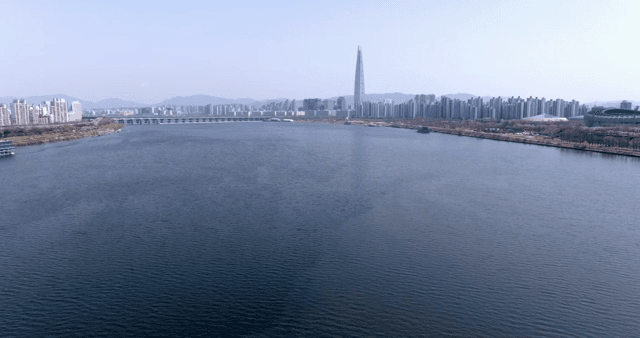 A river flowing through a modern city