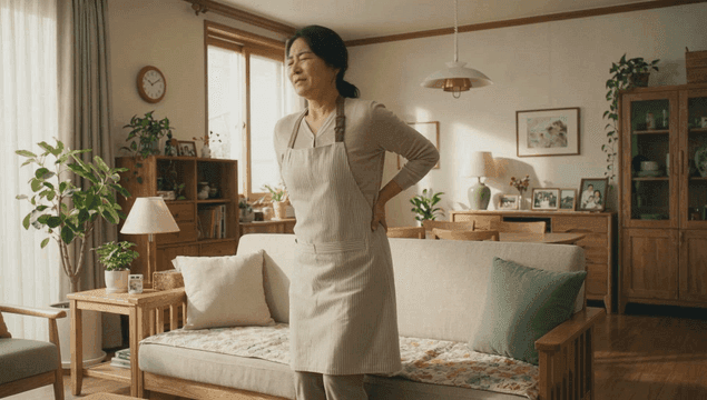 Woman experiencing back pain in the living room