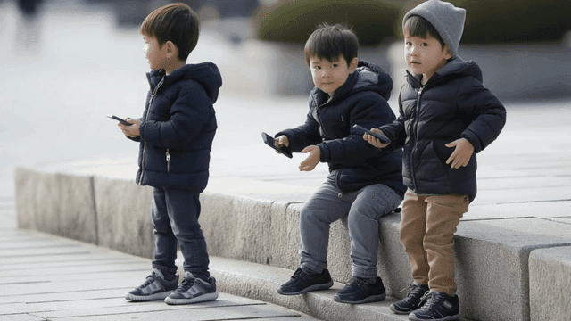 Boys using smartphones outdoors