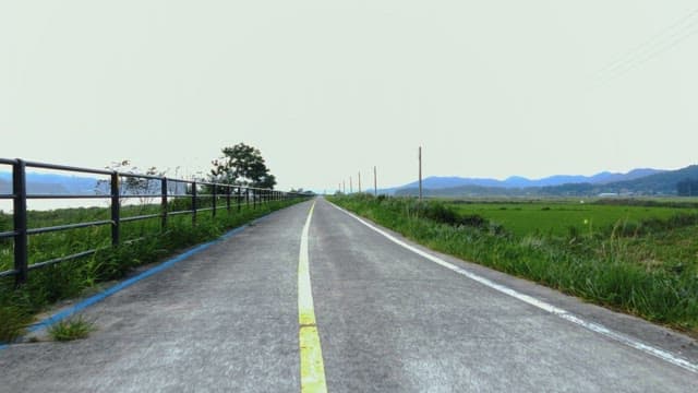 강가의 녹색 들판을 지나는 긴 도로