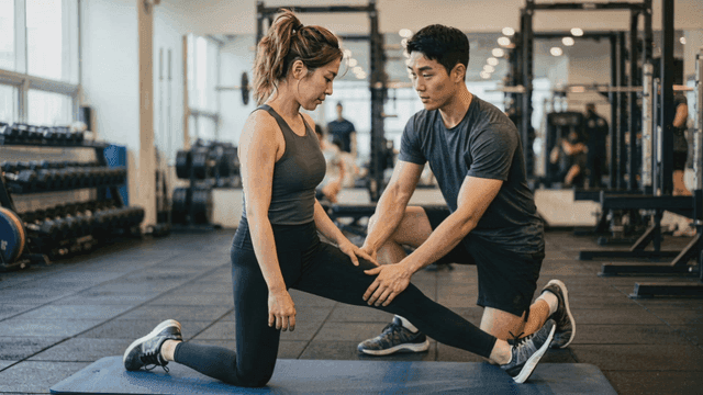 Trainer who instructs woman on posture at gym