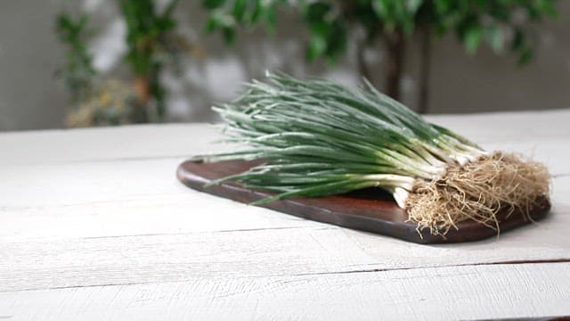 Fresh green onions plated on a wooden cutting board on the table