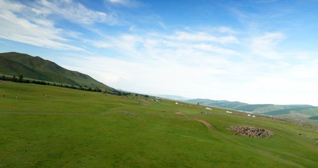 Expansive green fields with distant mountains