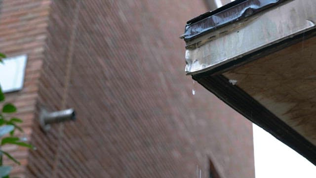 비 오는 날에 건물 지붕에 맺힌 이슬비