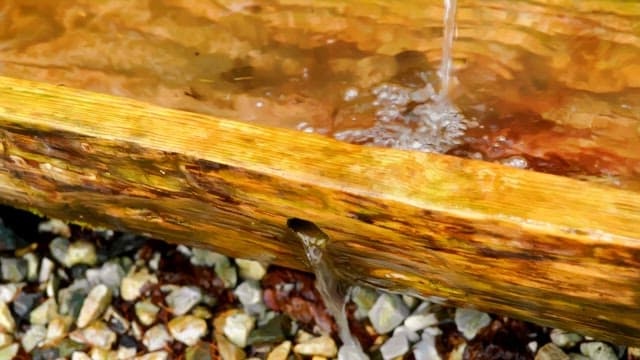 Flowing clean and clear water in a rustic wooden gouge