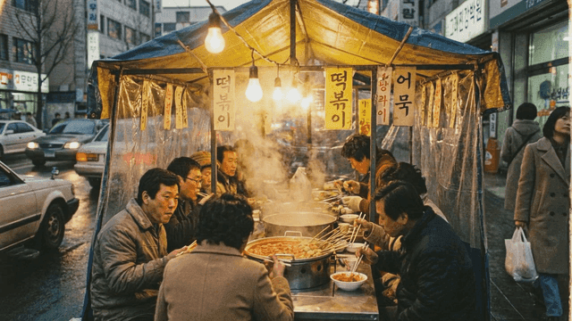 People eating street food at night market stall