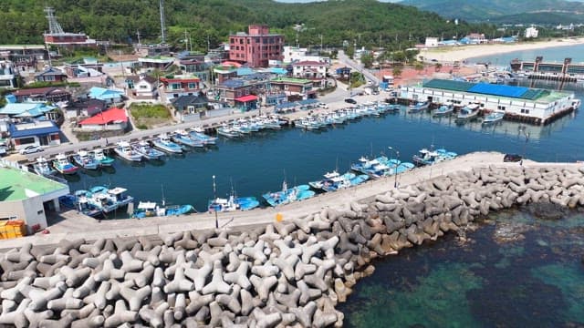 Coastal village with fishing boats and breakwaters