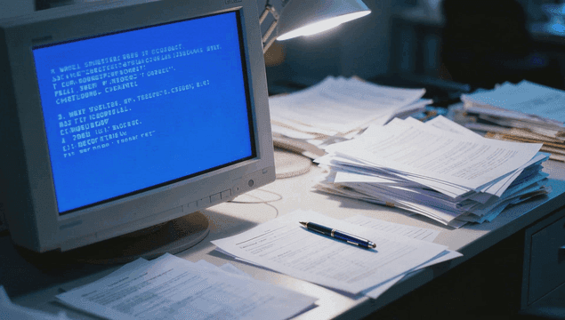 프로그램이 실행 중인 블루 스크린 컴퓨터와 서류가 있는 책상