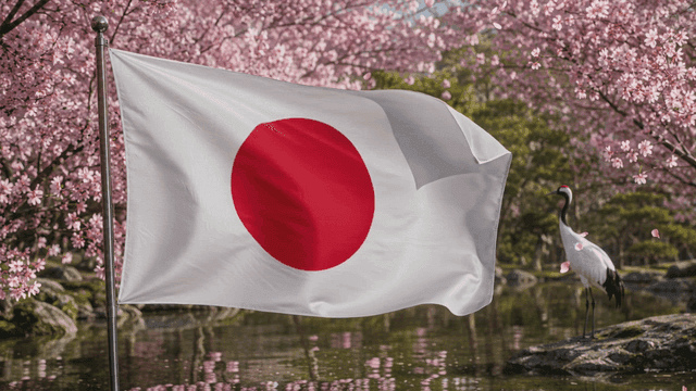 Cherry blossoms and a flag by a pond