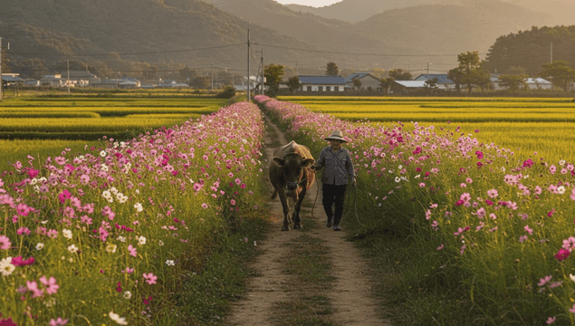 A farmer walking with a cow on a flower-lined path