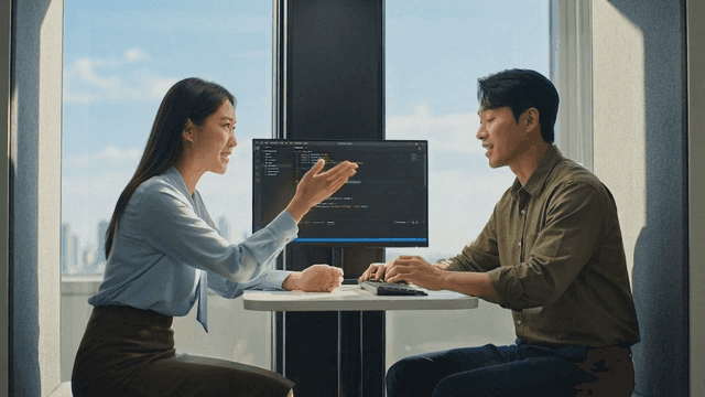 Two colleagues discussing code at a table