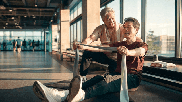 Two elderly men exercising with resistance bands in a gym