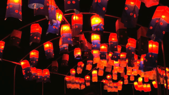 Colorful lanterns glowing at night