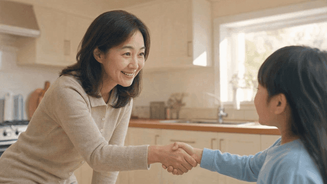 Mother and daughter shaking hands in kitchen