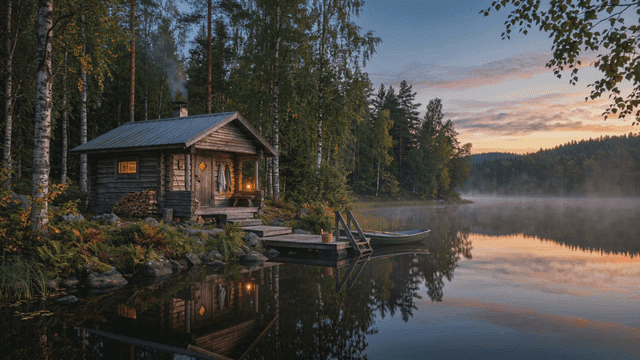 Quiet lakeside cabin in evening