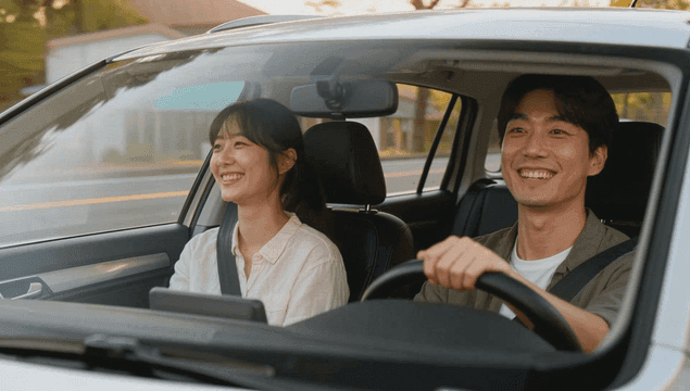 일몰에 드라이브를 즐기는 커플