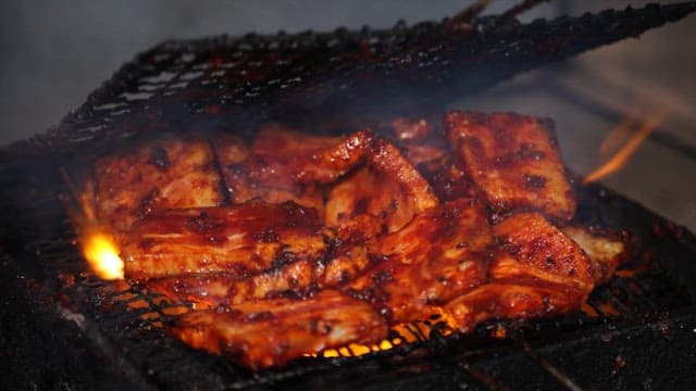 타오르는 숯불 위 그릴에서 지글지글 구워지는 고기