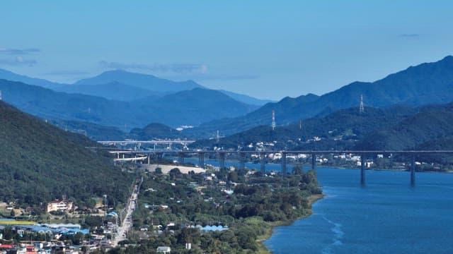 Scenic river with mountains and bridges