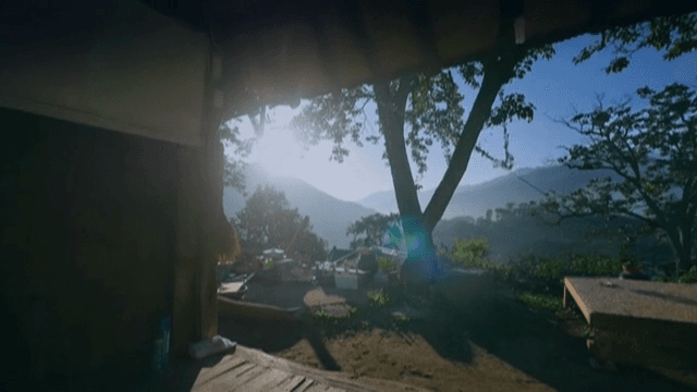 전통 가옥에서 본 고요한 산 풍경