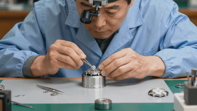 시계 제작자가 시계 기계장치를 조립하는 모습