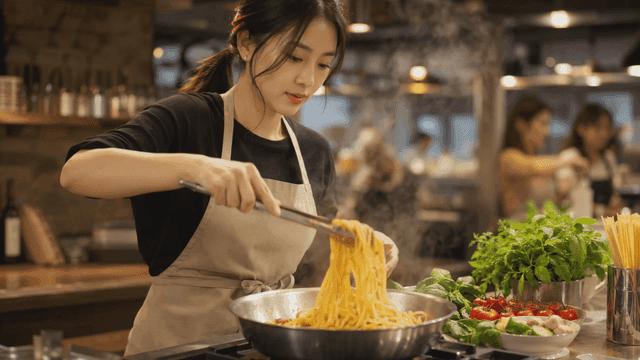 집게로 파스타 면을 뒤적이는 여자