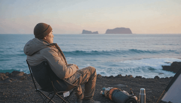 Back view of man sitting on camping chair looking out at ocean view