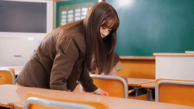 Students cleaning a classroom